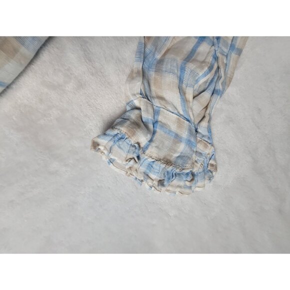 CP Shades Womens Large Plaid Ruffle Collar Button Top Linen Blue Beige 1358-228 - Picture 9 of 9